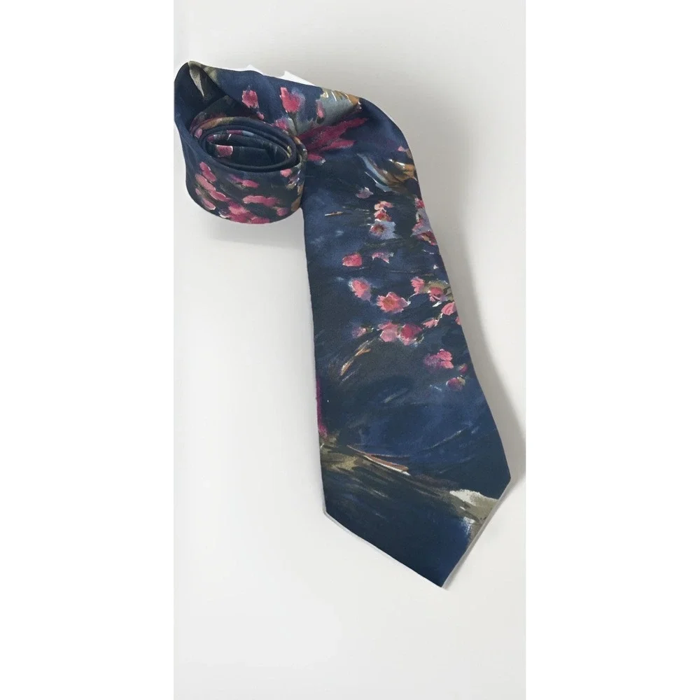 Vintage Navy Blue Italian Silk Tie L'Atelier Floral Abstract Made In USA